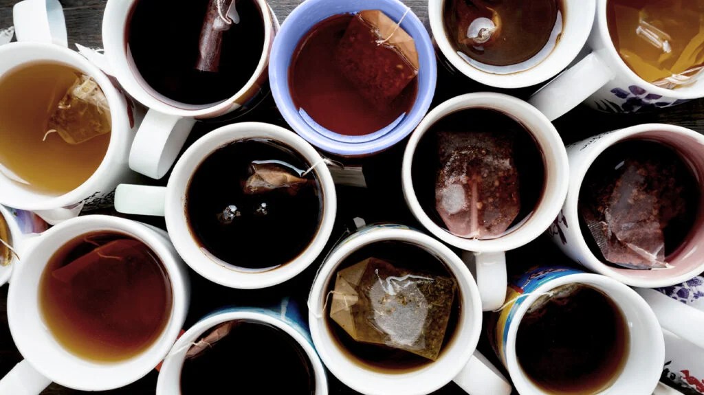A bird's eye view of several mugs of various types of dark tea filled with a tea bag each. 